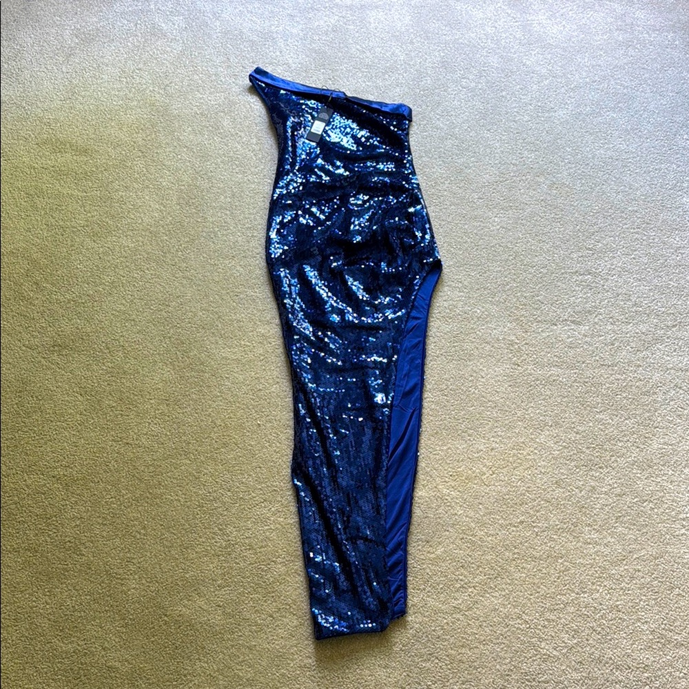 Fashion Nova Royal Blue Ruched Sequin Dress One Shoulder